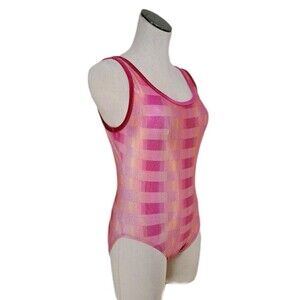Satara VTG Pink Orange Foiled Plaid Colorblock Pixelated Tank Leotard AL Size L